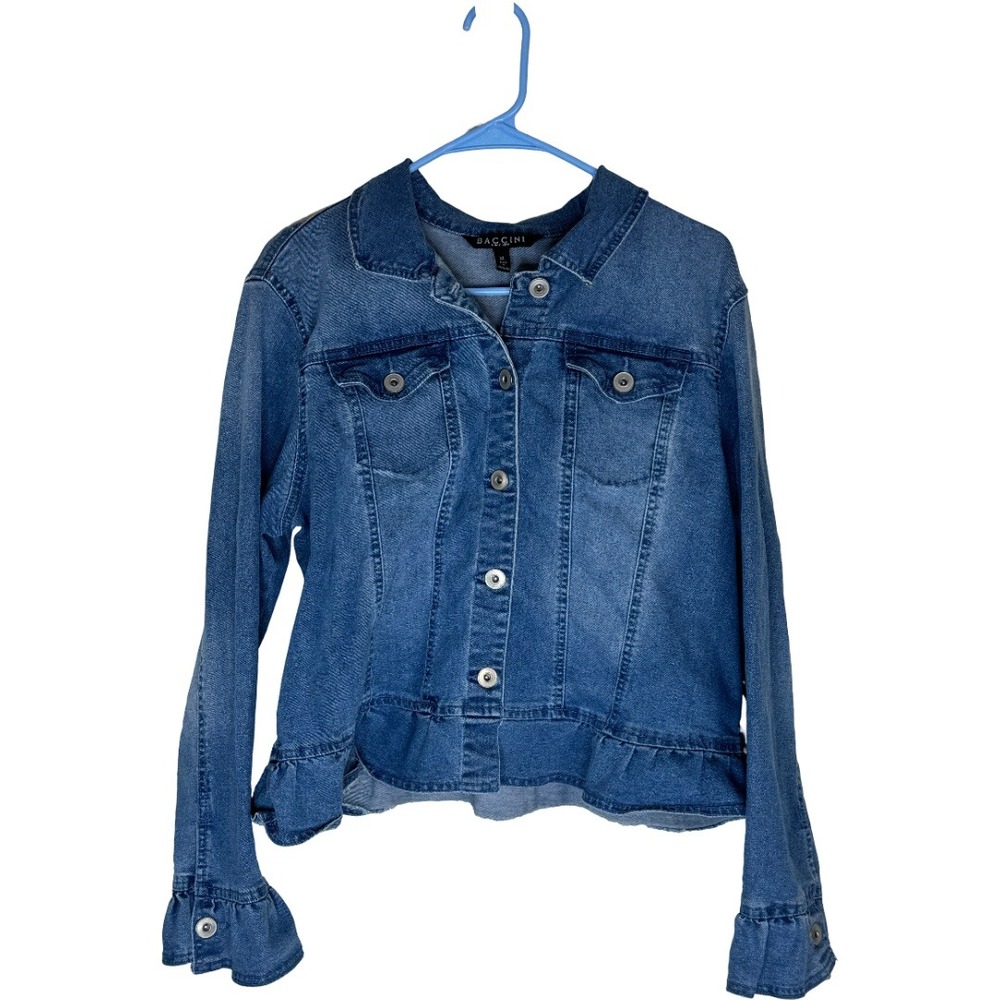 Baccini Denim Jacket Women XL Blue Ruffle Cuff Peplum Hem Button Front Jean Coat